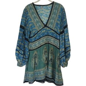 Free People Luna Scarf Print Boho Tunic XS Paisely Baloon Sleeve Lace Blue Fairy